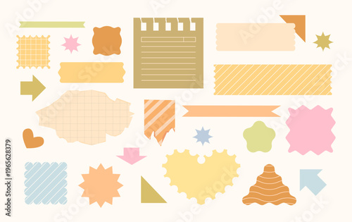 Soft pastel cute collection of scrapbook paper notes, sticky tapes, and torn notebook elements in various shapes, textures. Grid paper, lined notes, washi tape. For journaling, planner, presentation