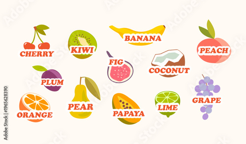 Bright, colourful illustrations of fruit and berries with labelled names. Coconut, kiwi, banana, cherry, plum, peach. For stickers, childrens educational materials, culinary themes, advertising, pack