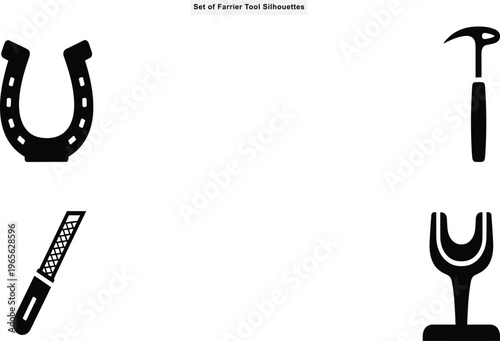 Bold black farrier tool silhouette vector collection featuring horseshoe hammer rasp and hoof stand icons isolated on white background
