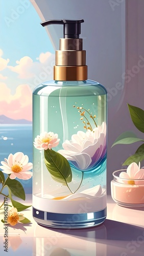 A floral-infused pump bottle sits on a reflective surface with a view of a serene seascape. Additional flowers and a cream jar complete the serene scene