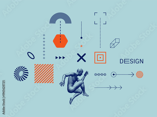 Art composition. Geometric shapes. 3d model of man. Dance party invitation. Dancer. Illustration composed of particles. Vector for brochure, poster, presentation, flyer or banner.