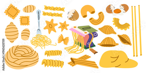 Flat vector illustration of various Italian pasta types, dough, eggs and pasta machine. Set of pasta shapes including ravioli, spaghetti, fusilli, farfalle and rigatoni for culinary design