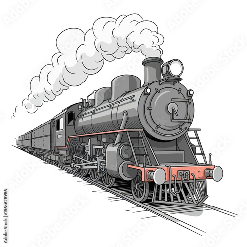 Vintage Steam Train Illustration with Smoke and Carriages on Tracks.