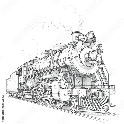 Detailed Line Art Drawing of a Classic Steam Locomotive Train.