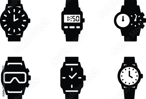 Bold black silhouette pack of diverse wristwatch styles including analog, digital, chronograph and dive watch, vector icons isolated on white background