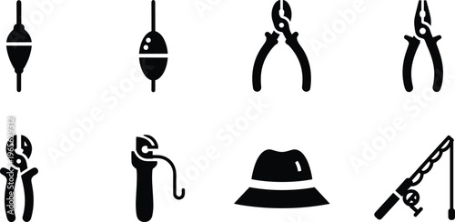 Bold black silhouette symbol set of fishing tackle and angling gear including floats, pliers, hook, hat and rod, vector icons on white background