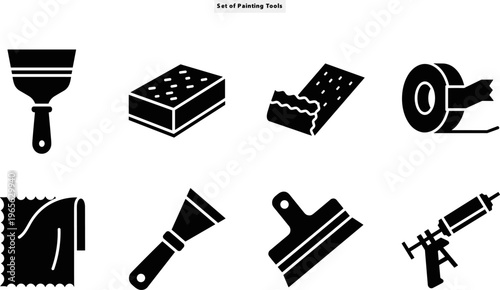 Painting tools silhouette vector set in a balanced grid, showing repair accessories, adhesive equipment, and decorating symbols isolated on white background.