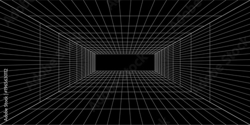 Futuristic perspective grid box. Abstract wireframe with white grid line on black background. Virtual reality landscape in 80s 90s digital style.