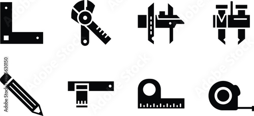 Precision measuring and marking tool silhouette vector pack featuring tape measure square ruler caliper and pencil icons isolated on white background
