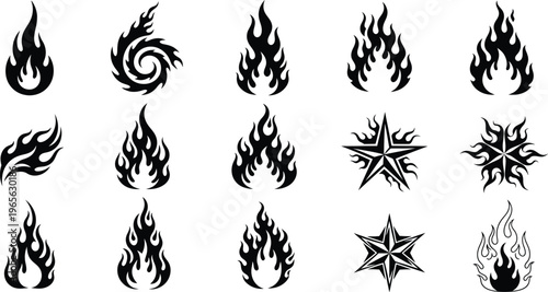 Black Flame Icons with Star Symbols on White Background