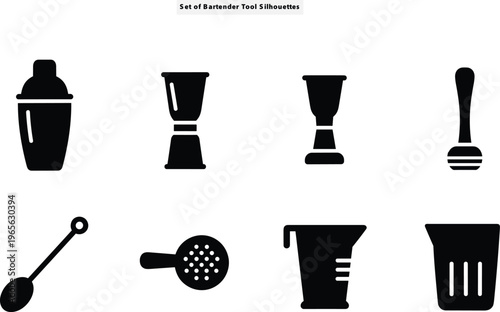 Professional bartender tool silhouette vector pack with cocktail shaker jigger muddler bar spoon strainer and measuring cup isolated on white