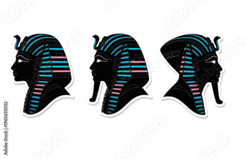 Ancient Pharaoh Head Profile Silhouette Sticker, Cyber Retro Nemes Headdress Vector, Bold Minimalist Egyptian King Illustration