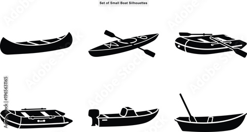 Small boat and watercraft silhouette vector collection with canoe kayak inflatable raft motorboat and rowboat icons on white background