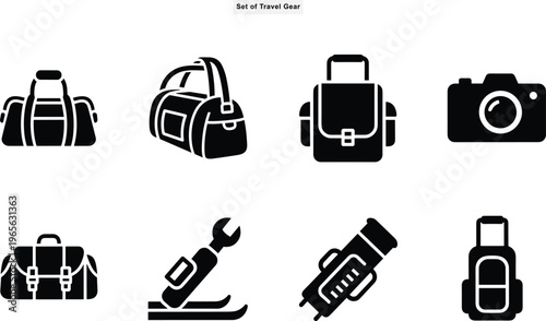 Travel gear silhouette vector set displayed in an organized grid, featuring luggage, bags, camera, and adventure accessories isolated on white background.