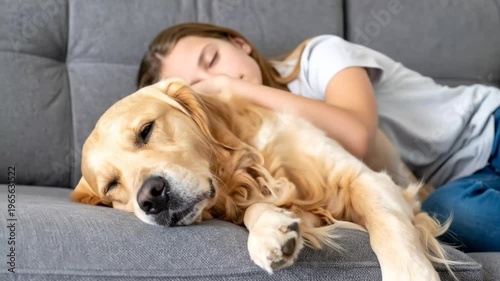 Girl and Golden Retriever Relaxing on Couch