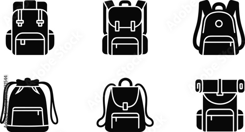 Backpack and rucksack silhouette vector set featuring hiking daypack school bag drawstring and travel knapsack designs isolated on white background