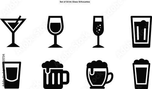 Drink and beverage glass silhouette vector collection featuring martini wine champagne beer mug and shot glass icons on white background