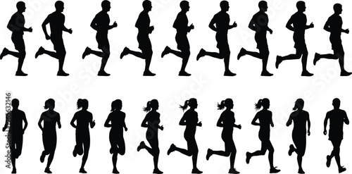 Mega collection of black silhouettes featuring men and women running and jogging for sports fitness marathon training and active lifestyle.