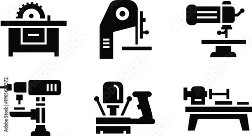 Black silhouette vector pack of stationary woodworking machines including table saw, band saw, lathe, drill press and milling machine, icons on white background