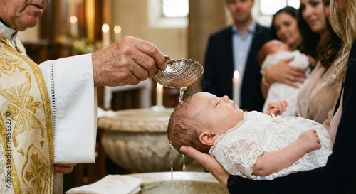 A priest baptizes a baby with water from a silver shell during a religious ceremony.