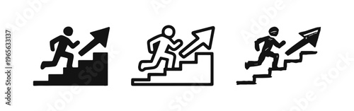 Person running upstairs with upward arrow icon set for progress and ambition