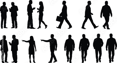 Business people silhouettes walking and talking collection, professional men and women corporate staff illustration set isolated on white background