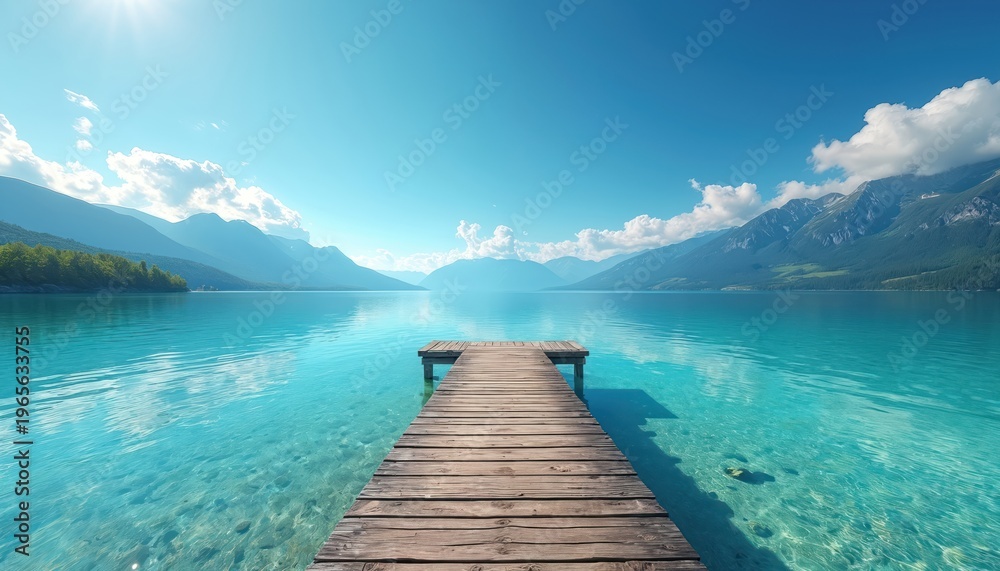 Obraz premium Wooden pier extends into clear turquoise lake water. Mountains rise in distance under bright blue summer sky. Sunlight sparkles on calm water.