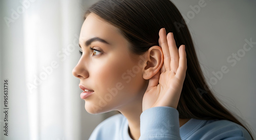 Young woman adjusting invisible hearing aid for hearing loss awareness