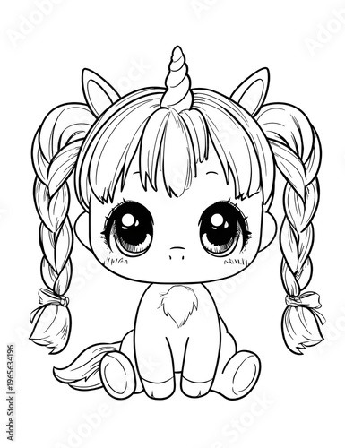 Cute chibi unicorn coloring page.