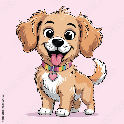 Cute Happy Puppy Cartoon with Collar – Adorable Dog Mascot Vector Illustration