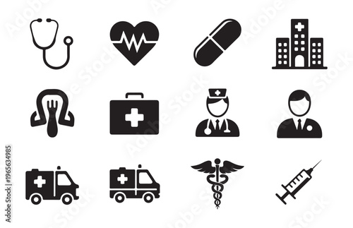 Medical icons set stethoscope heart rate monitor pill hospital building doctor ambulance caduceus syringe.