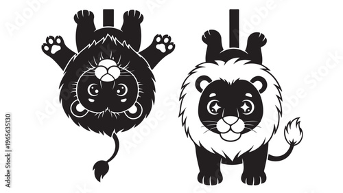 Two stylized black and white cartoon lions, one upright and one hanging upside down from a surface, are depicted against a white background.