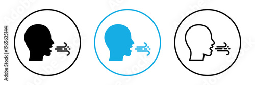 Breathing and coughing outline icon. Human head contour with airflow stream placed in round frame. Respiratory pictogram representing inhale, exhale and illness symptoms. 