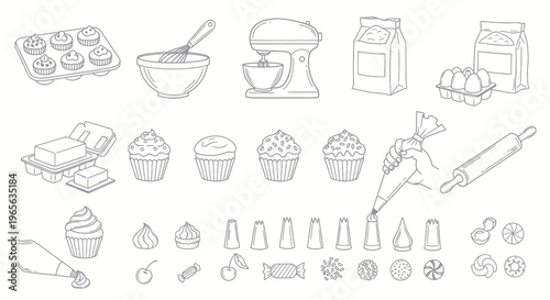 Baking Supplies and Cupcake Decorations Hand-Drawn Line Art