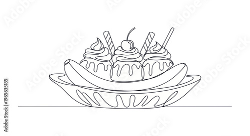 Banana Split Ice Cream Dessert with Cherry and Wafers - Line Art