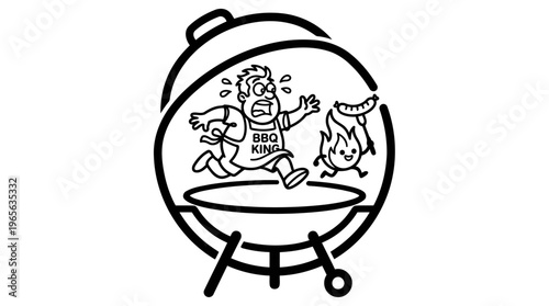 Minimalist BBQ Grill with Cartoon Dad and Mischievous Flame Line Art, Monochrome Vector Illustration of Summer Humor