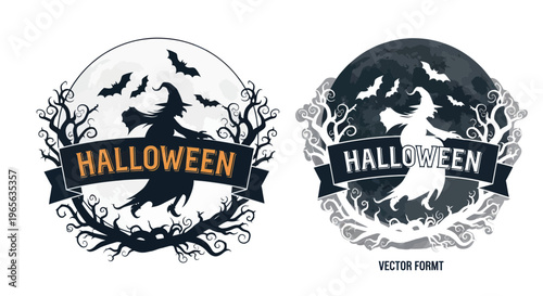 Halloween Witch Silhouette with Moon, Bats, and Spooky Trees - Two Color Variations