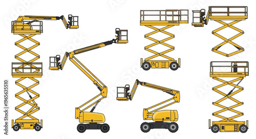 Set of Yellow Scissor and Boom Lift Platforms for Construction and Maintenance