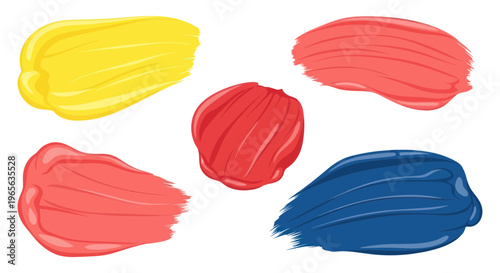 Vibrant Paint Swatches: Yellow, Red, and Blue Brush Strokes on White Background