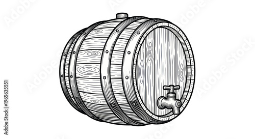 Vintage wooden barrel with spigot, hand-drawn illustration
