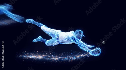 Baseball player diving for catch shown in stop motion sequence with glowing digital trail on dark background. Concept of reaction timing, motion breakdown, and performance analysis.