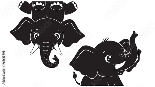 Two cheerful black elephant illustrations depict one standing upright with trunk raised and another hanging inverted against a white background.