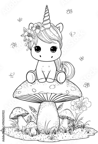 Unicorn sitting on top of a mushroom coloring page.
