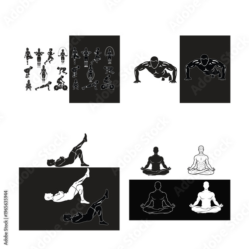 Yoga poses and meditation in various styles and settings