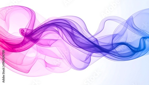 A flowing, abstract composition featuring soft, vibrant swirls of color. Pink, purple, and blue hues blend seamlessly across the white backdrop