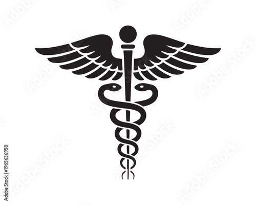 Caduceus medical symbol with winged staff and two snakes isolated on white background as healthcare emblem icon.