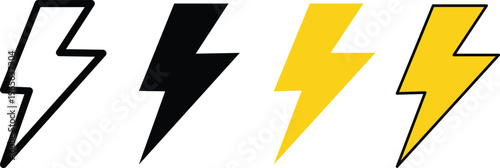 lightning bolt icon set outline black yellow solid electric power symbol flat design variation collection ISOLATED BACKGROUND.