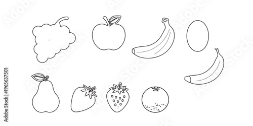 A line drawing of various fruits including apples bananas and berries