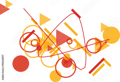 Abstract geometric vector composition, red and yellow chaotic shapes background, modern artistic pattern with circles and triangles