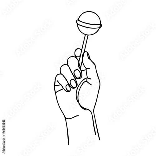 Dibujo sencillo con líneas de una mano sujetando un caramelo lollipop
